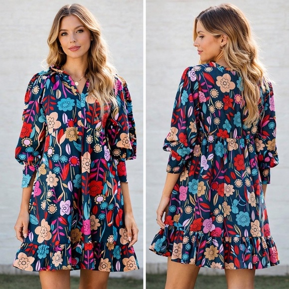 Sarah Kait boutique Dresses & Skirts - NWT! Green Floral Print Puff Sleeve Ruffled Mini Dress boho retro layered SZ S